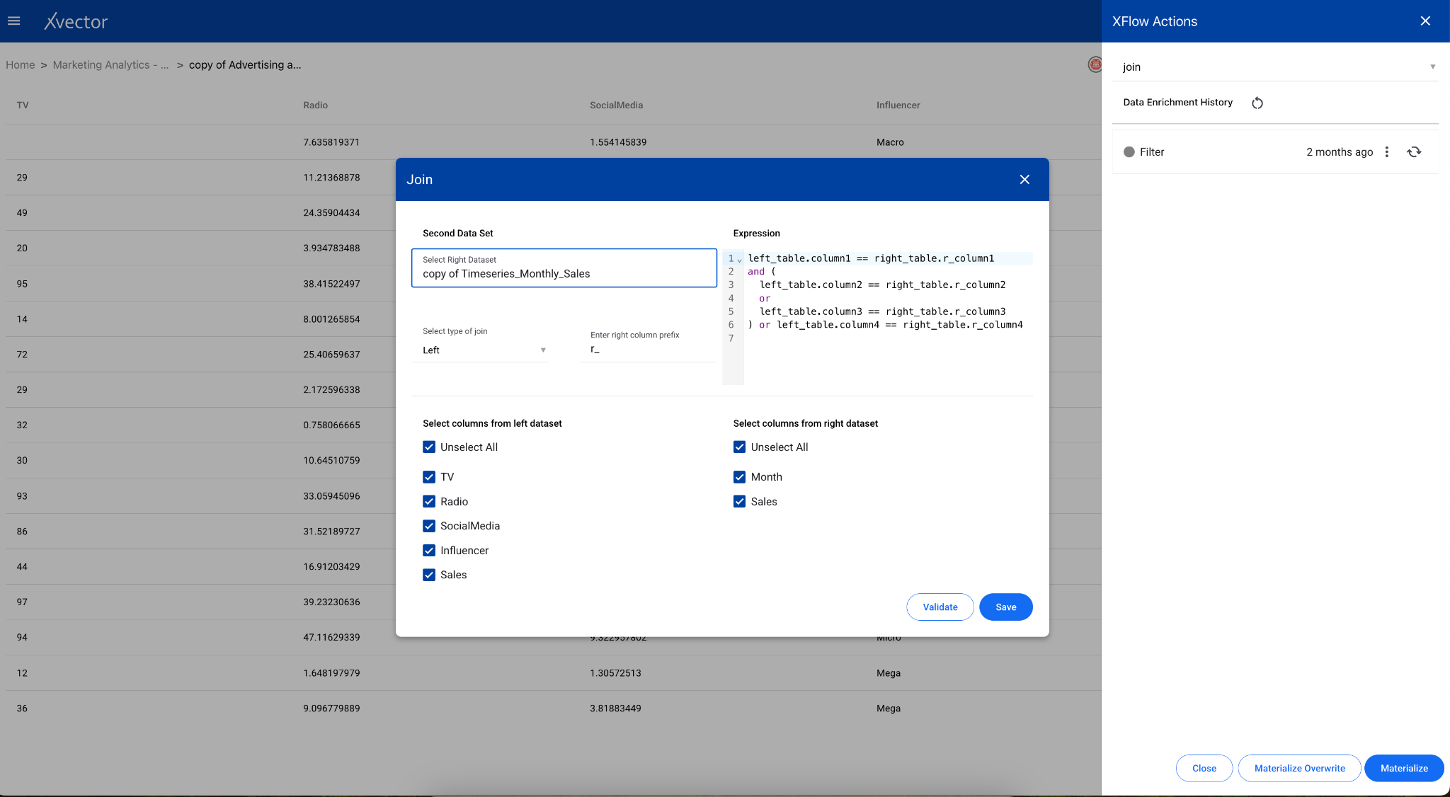 Dataset preview showing enrichment options