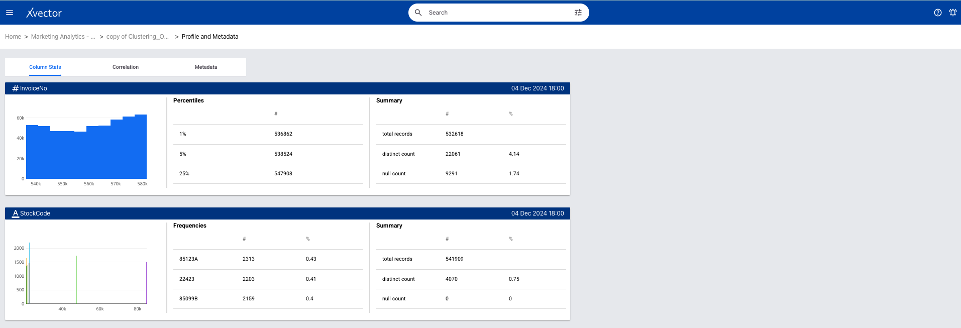Profile page view of the online retail dataset