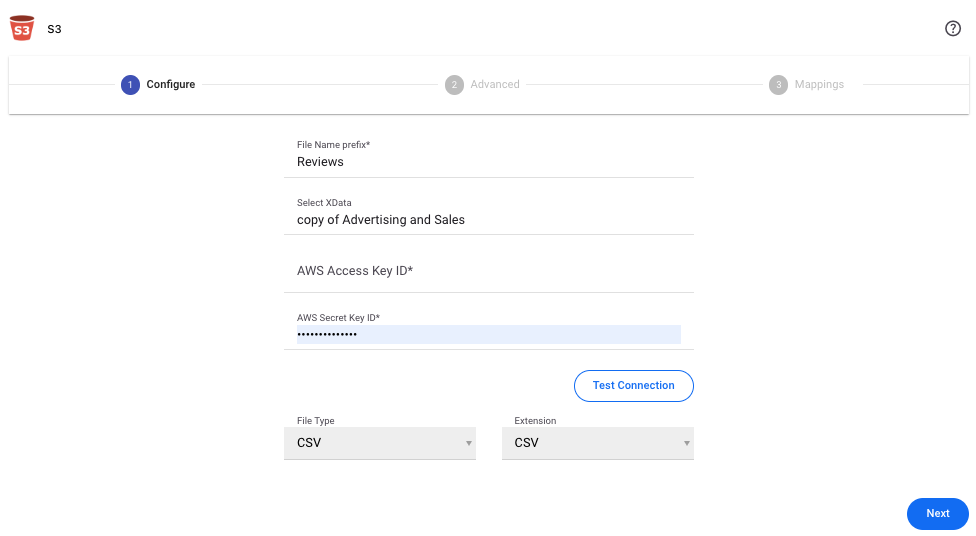 S3 data destination configure step with connection details