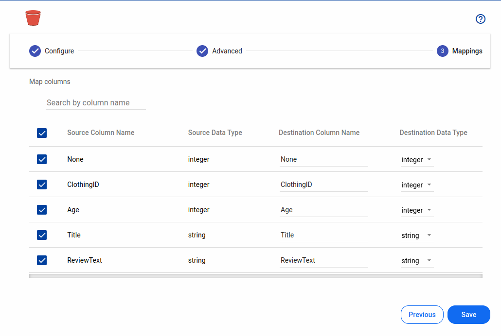 S3 data destination column mappings configuration