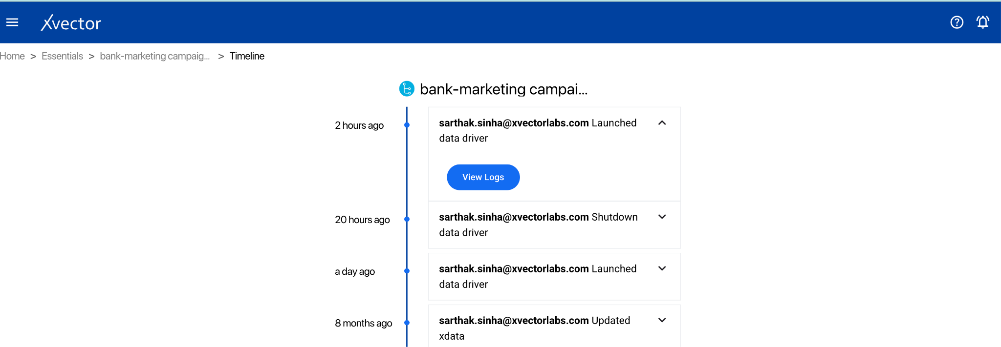 Action logs showing dataset activity history