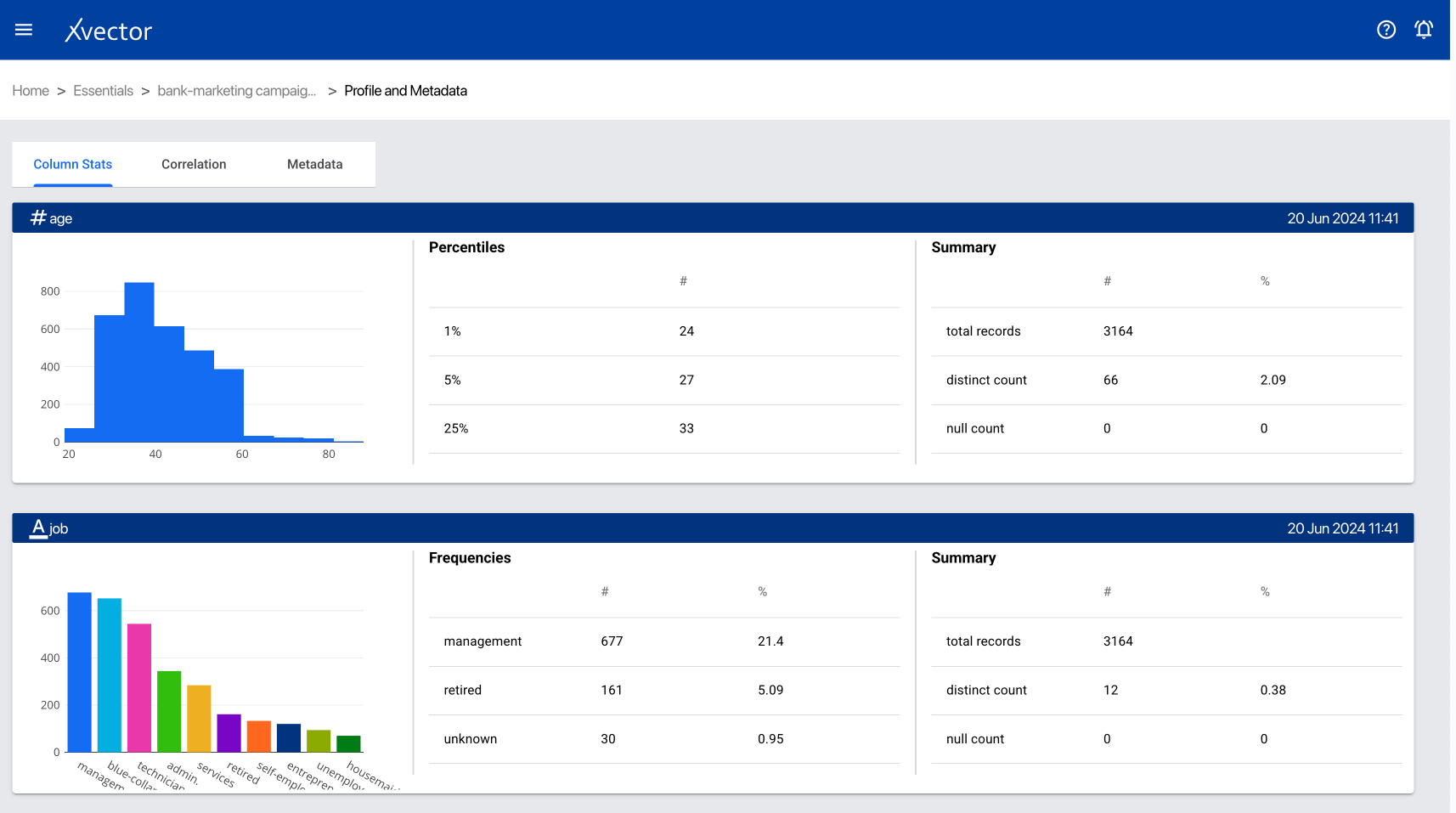 Column metadata view showing data types, statistical types, and profiling results