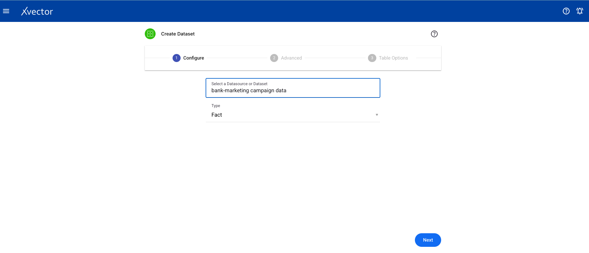 Dataset creation dialog with datasource selection and type configuration