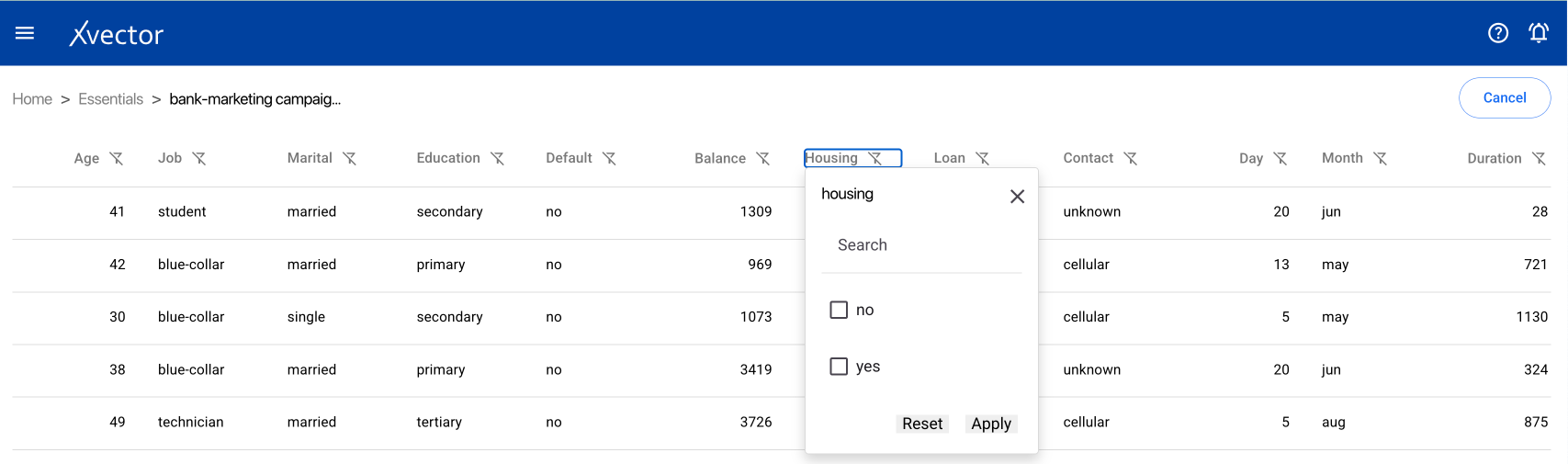 Dataset edit table view with column search and filter
