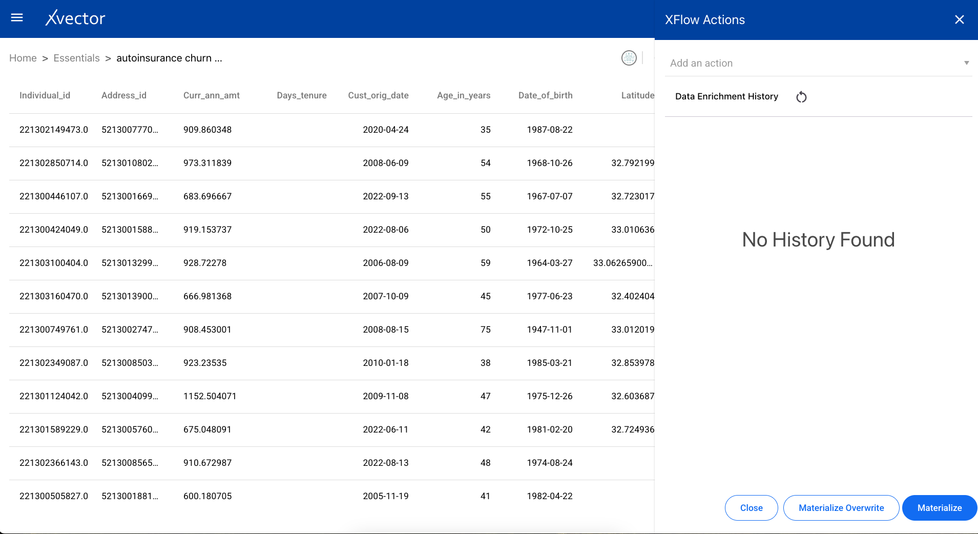 Xflow actions panel showing materialize options