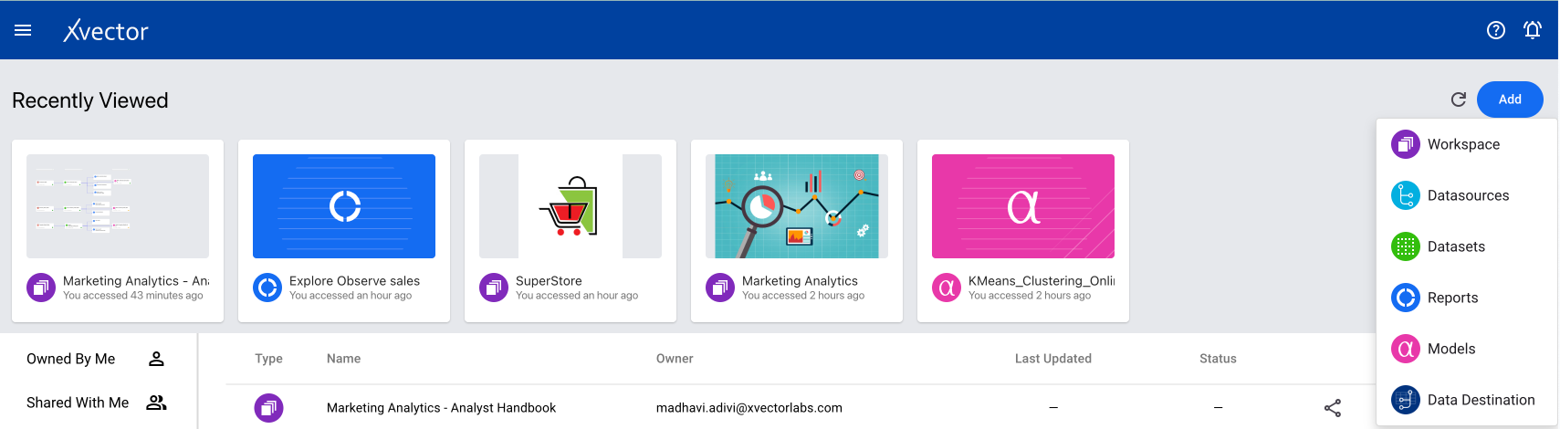 xVector home page showing the resources list and Add button
