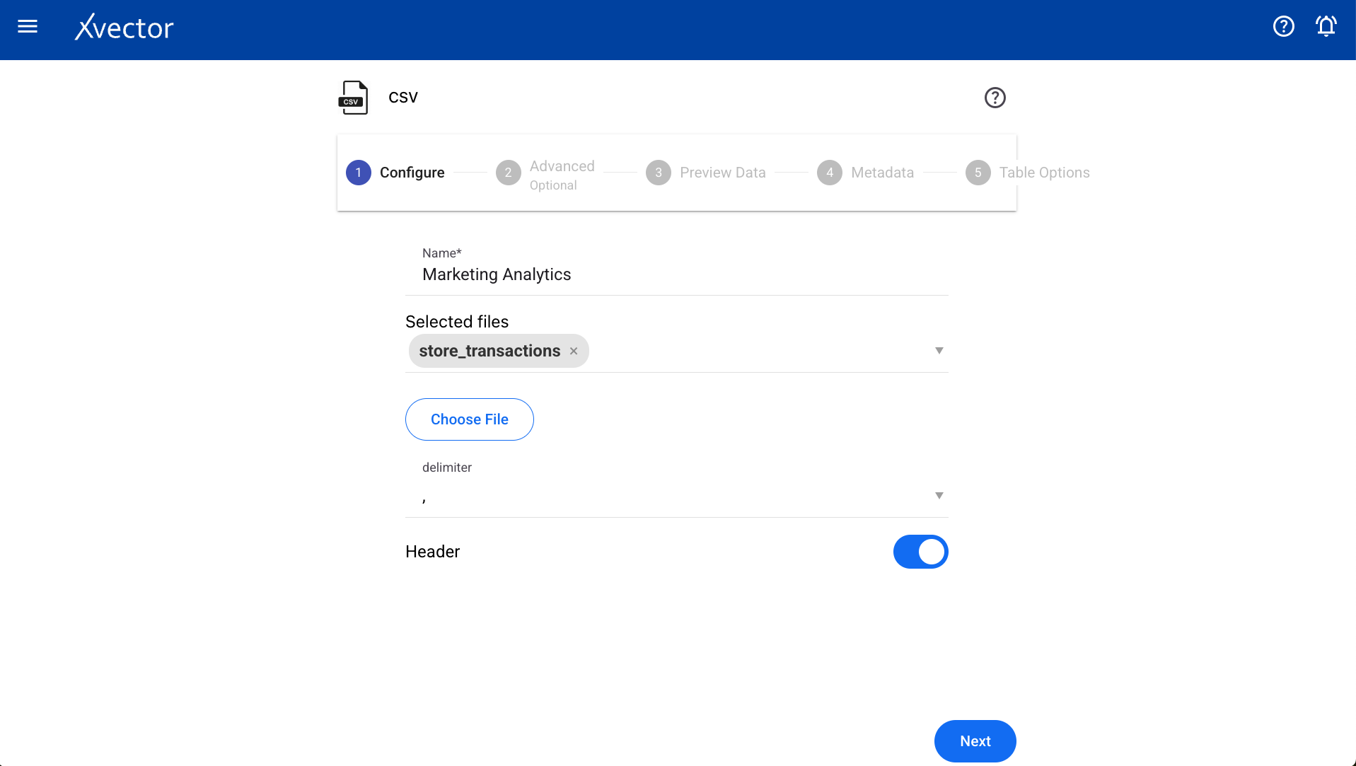 CSV datasource configure step with file selection and basic settings