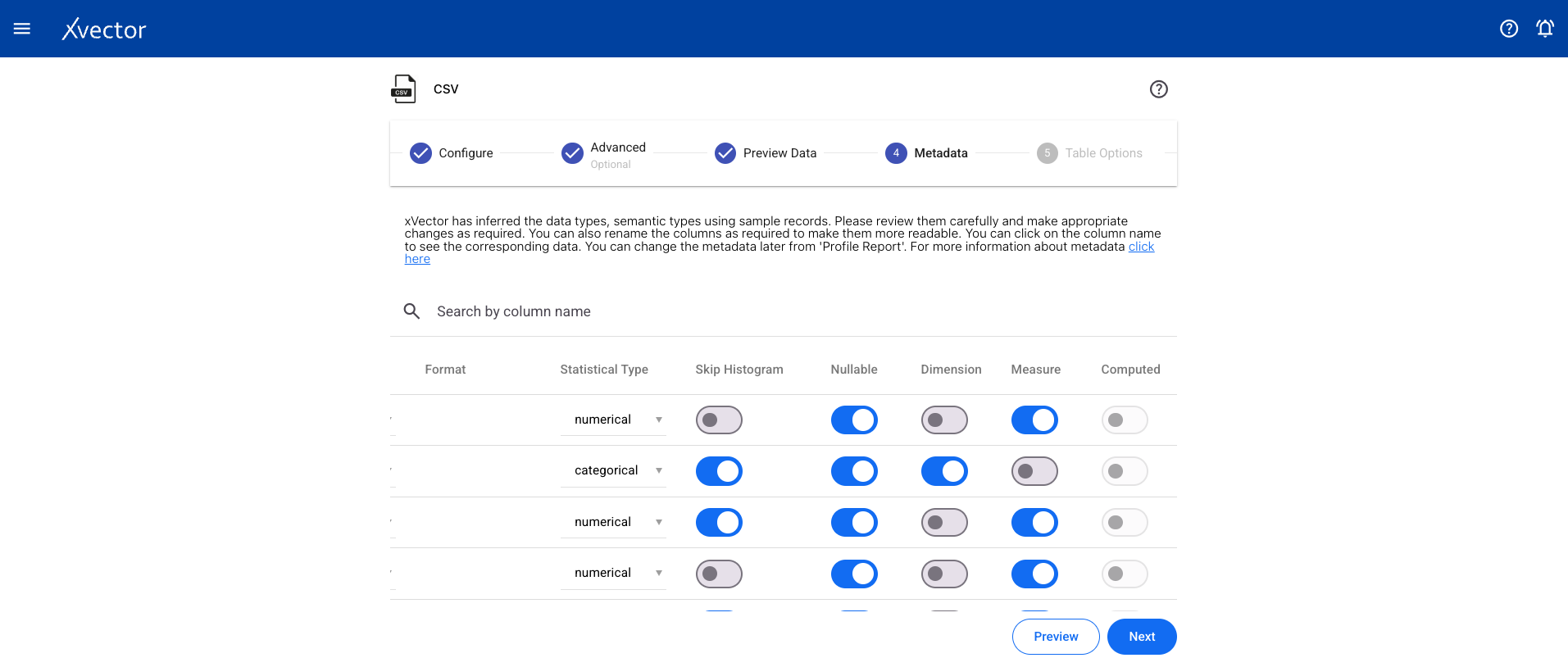 CSV datasource column metadata — right columns showing additional settings