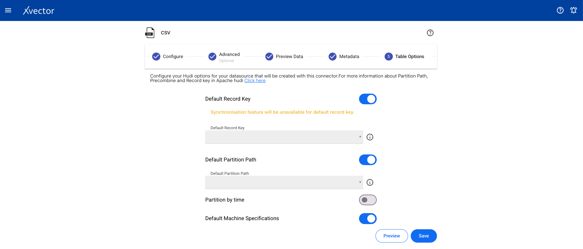 CSV datasource table options for record key and partition key