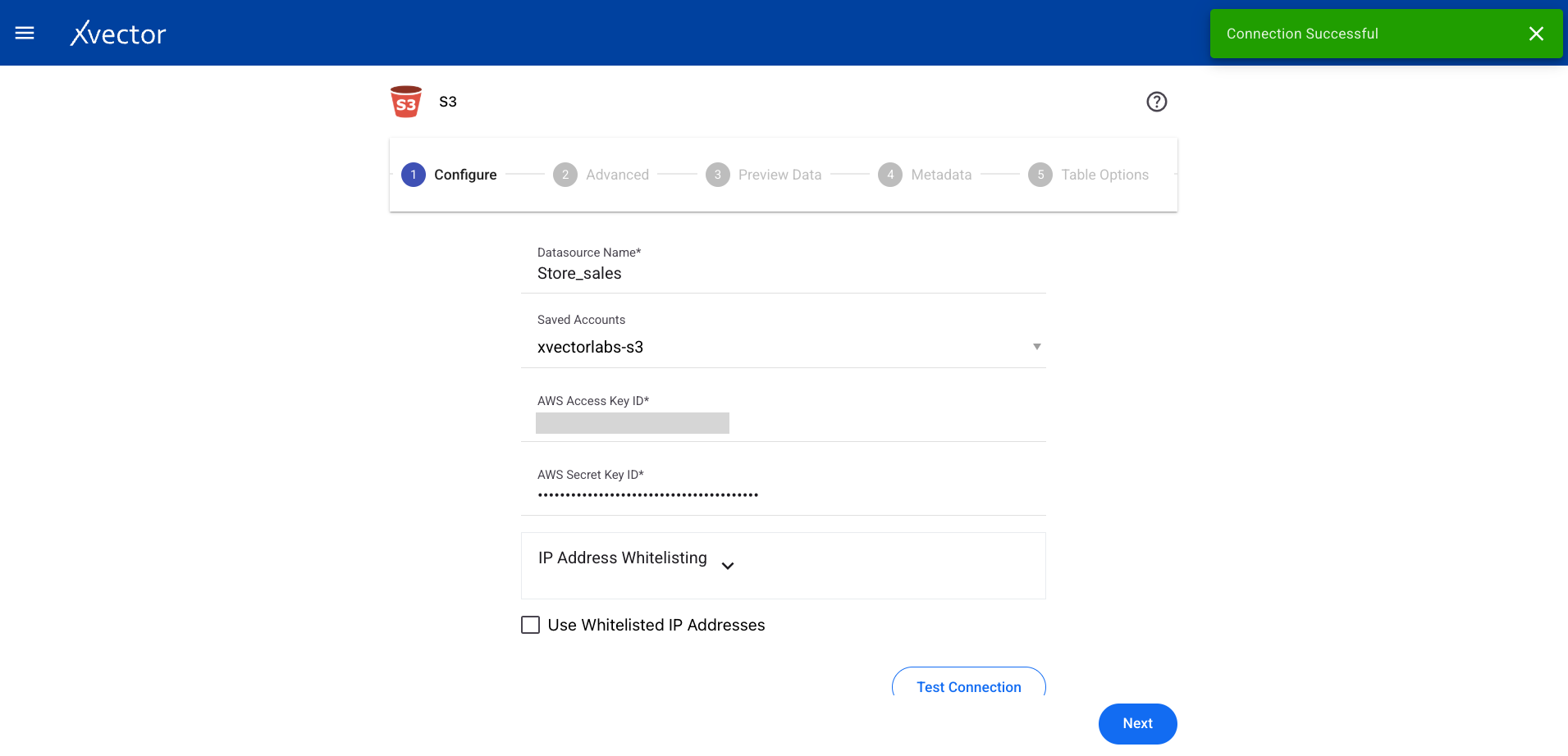 S3 datasource configure step with AWS credentials