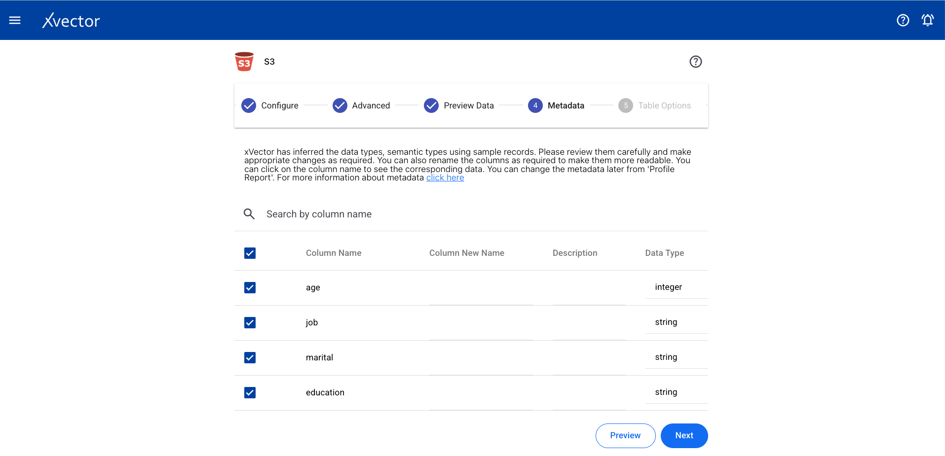 S3 datasource metadata — left columns