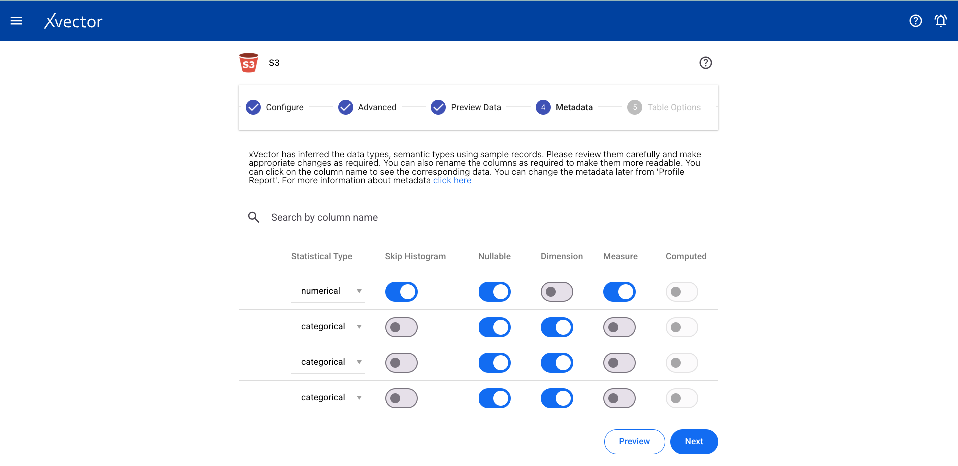 S3 datasource metadata — right columns showing additional settings