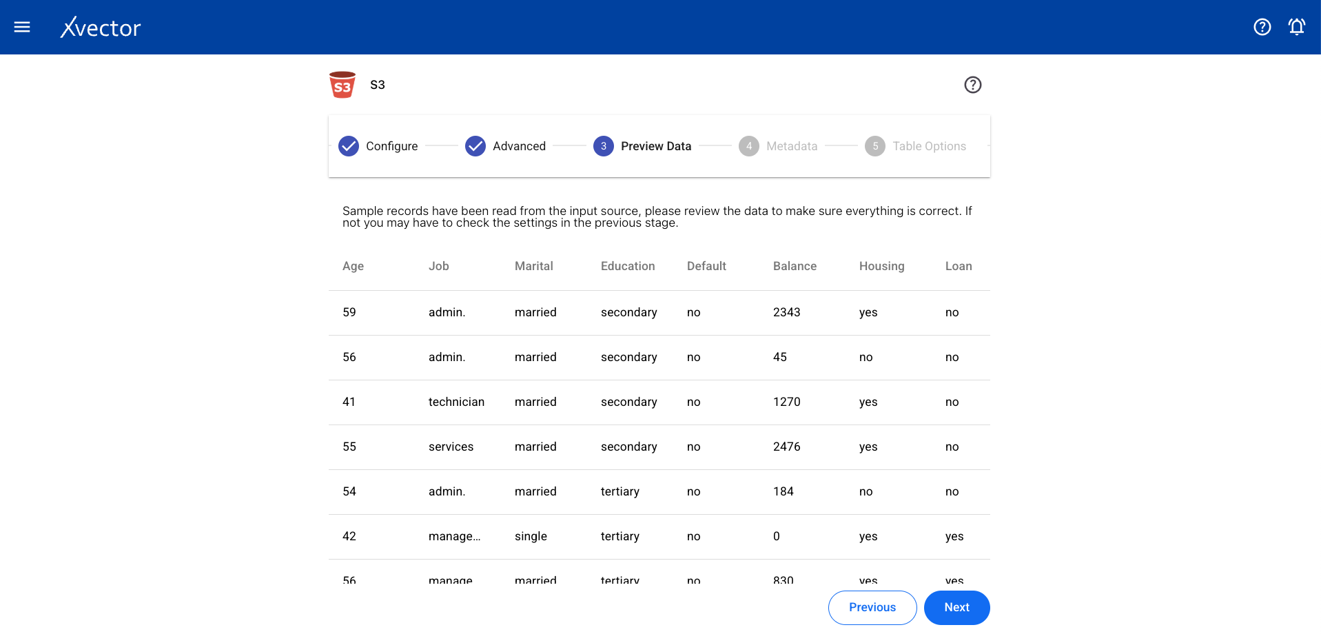S3 datasource preview data showing sample rows
