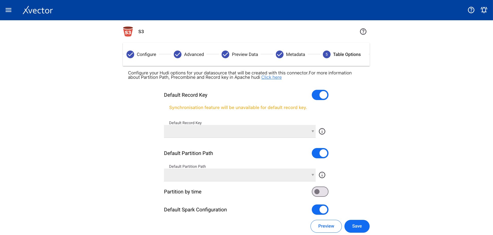 S3 datasource table options for record key and partition key