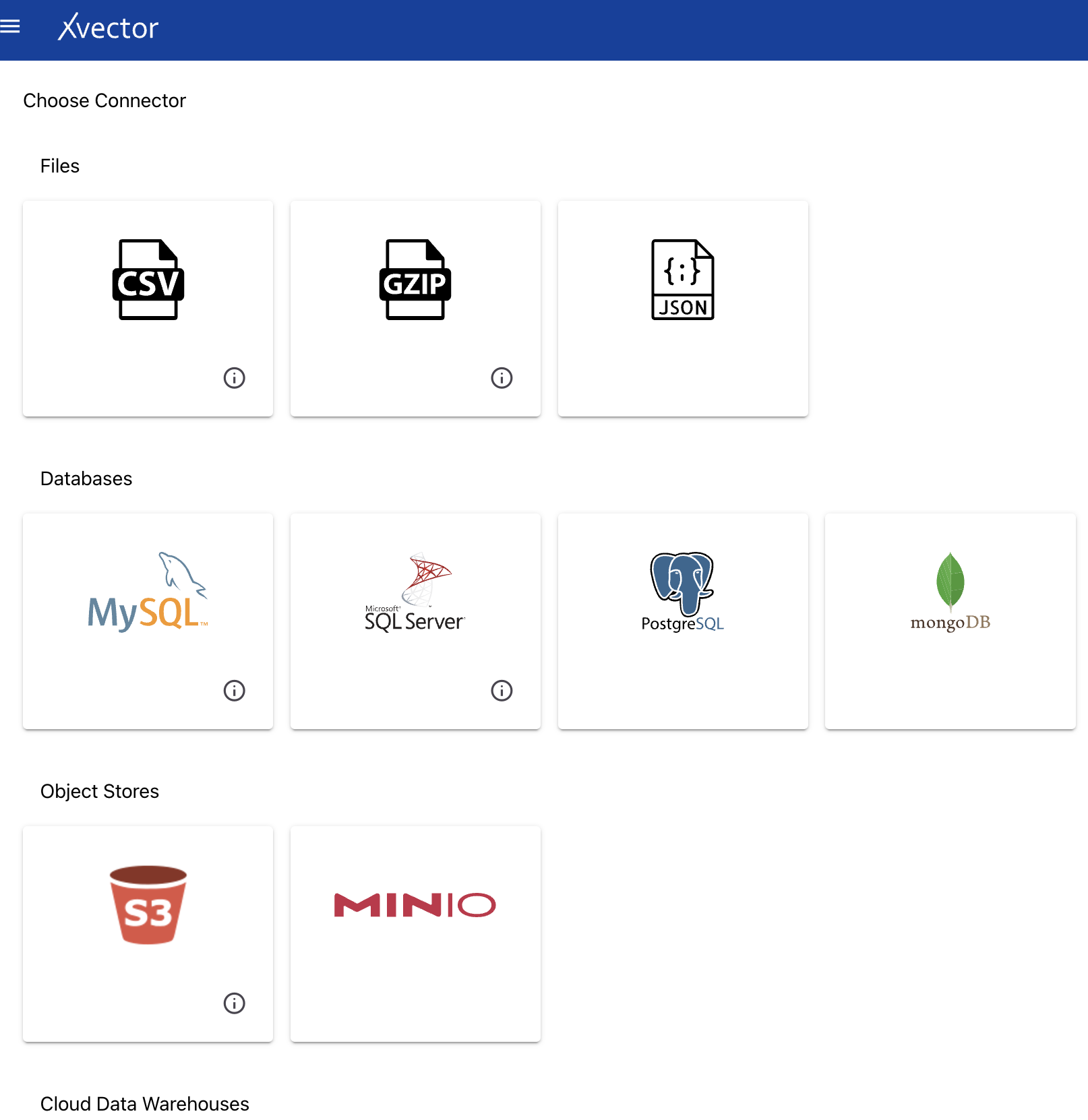 Datasource type selection dialog showing available connectors