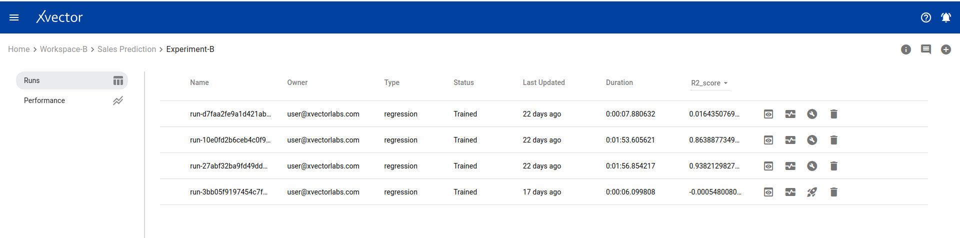Run view page showing list of runs with options