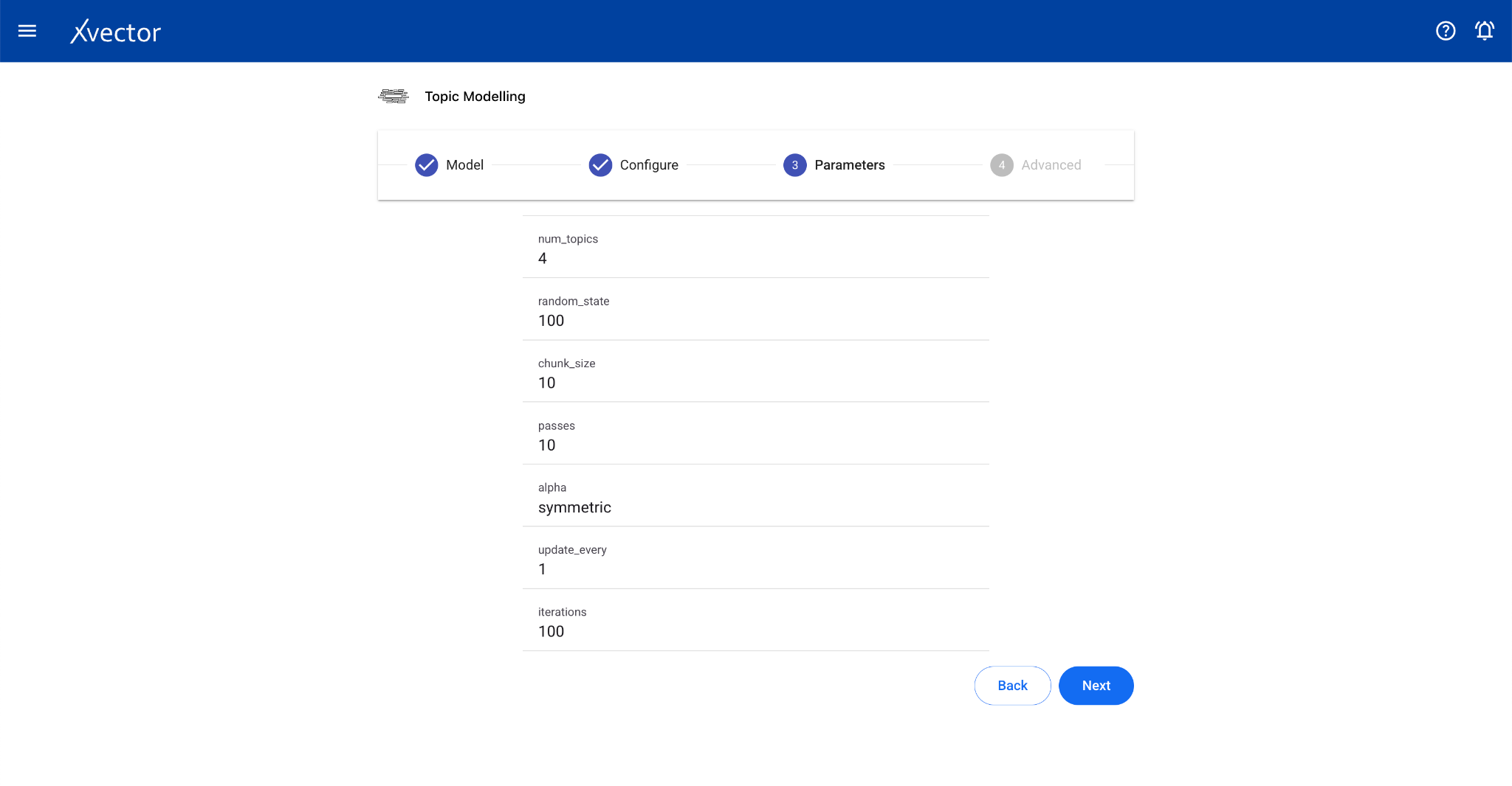 Topic modeling experiment view