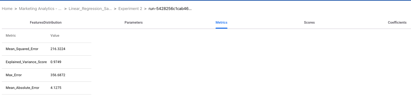 Model run parameters and metrics