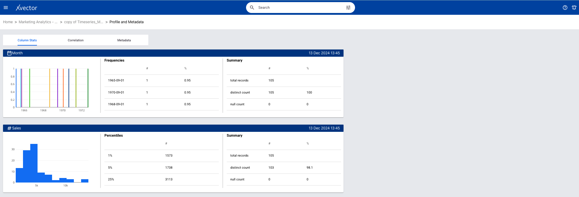 Profile page view of the store sales dataset
