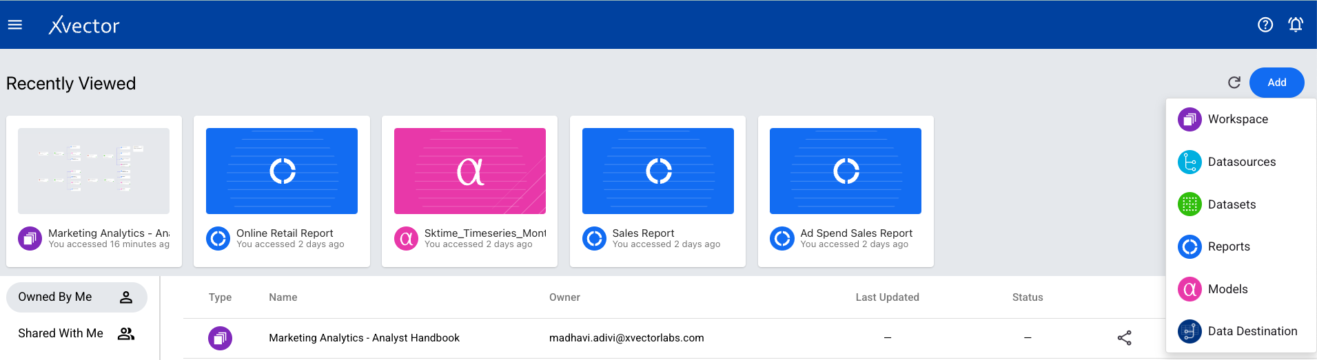 Homepage showing the Add button with Workspace option